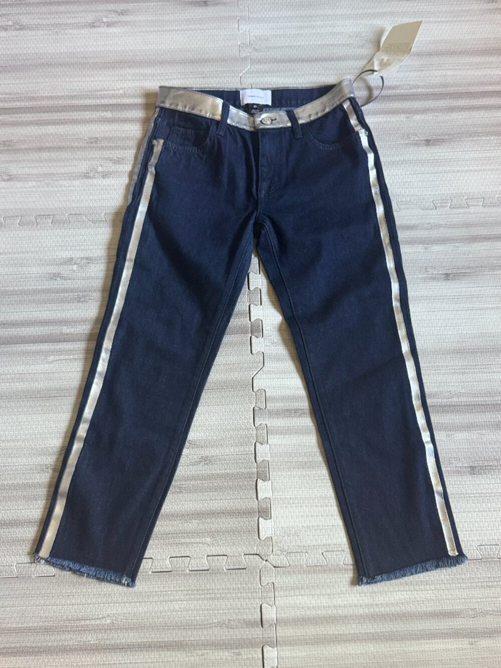 NWT Current/Elliott Silver Metallic Waistband & Tuxedo Stripe Raw Hem Jeans